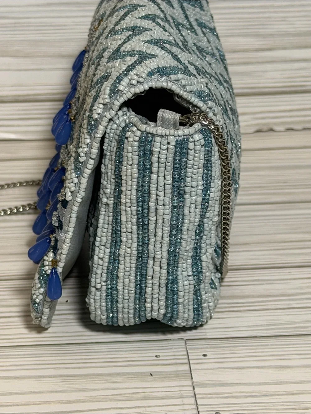Viral Beaded Umbrella Crossbody Bag Blue Wht Chevron Seed Bead Chain Strap Purse